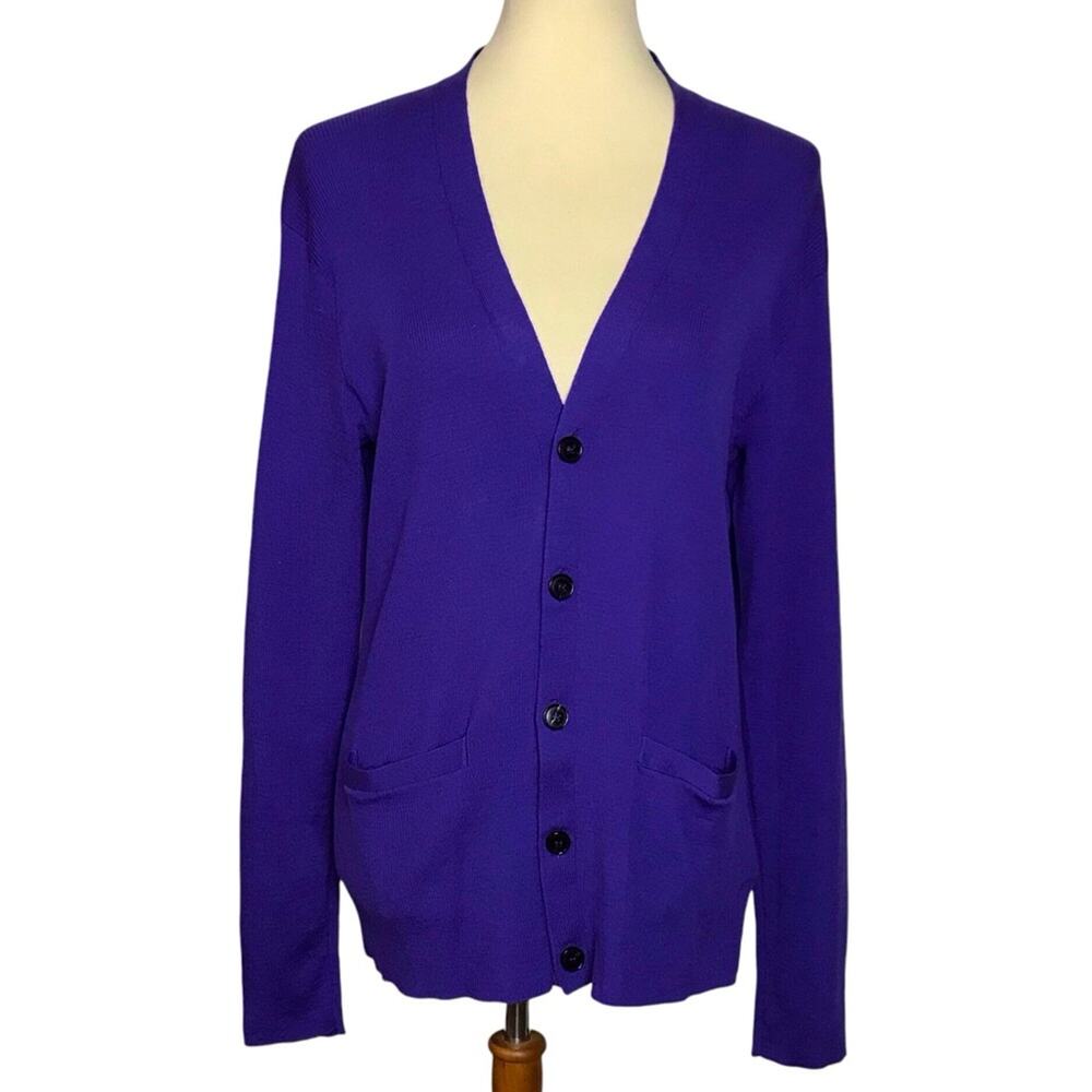 Ralph Lauren Black Label Indigo Blue Purple Merino Wool Ribbed Cardigan Sweater